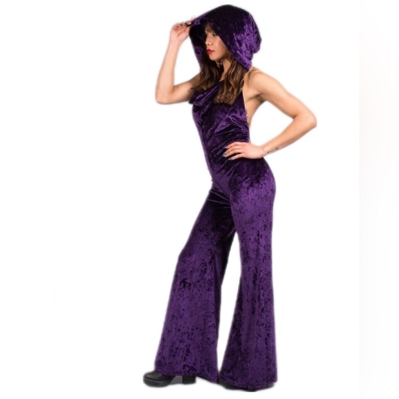 Warrior Within Velvet Mystique Hooded Jumpsuit purple Sz XS NEW catsuit flared - Picture 3 of 12